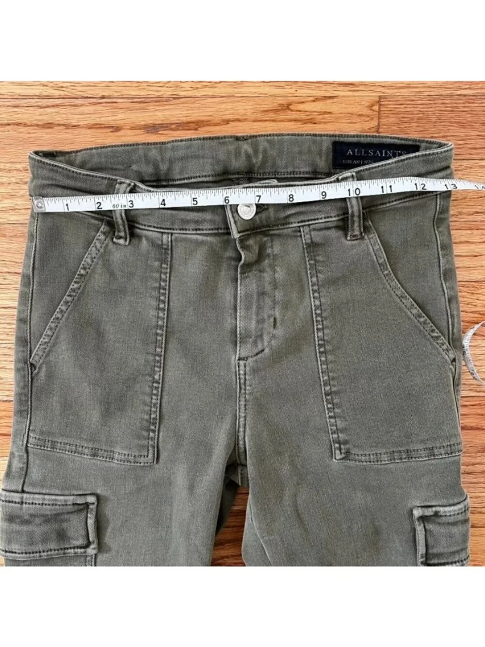 All Saints Womens Jeans Olive Green Military Distressed Indie Grunge Raw Hem - Picture 12 of 16